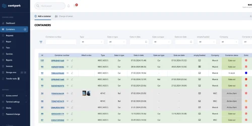 interface de gestão de depósitos de contentores